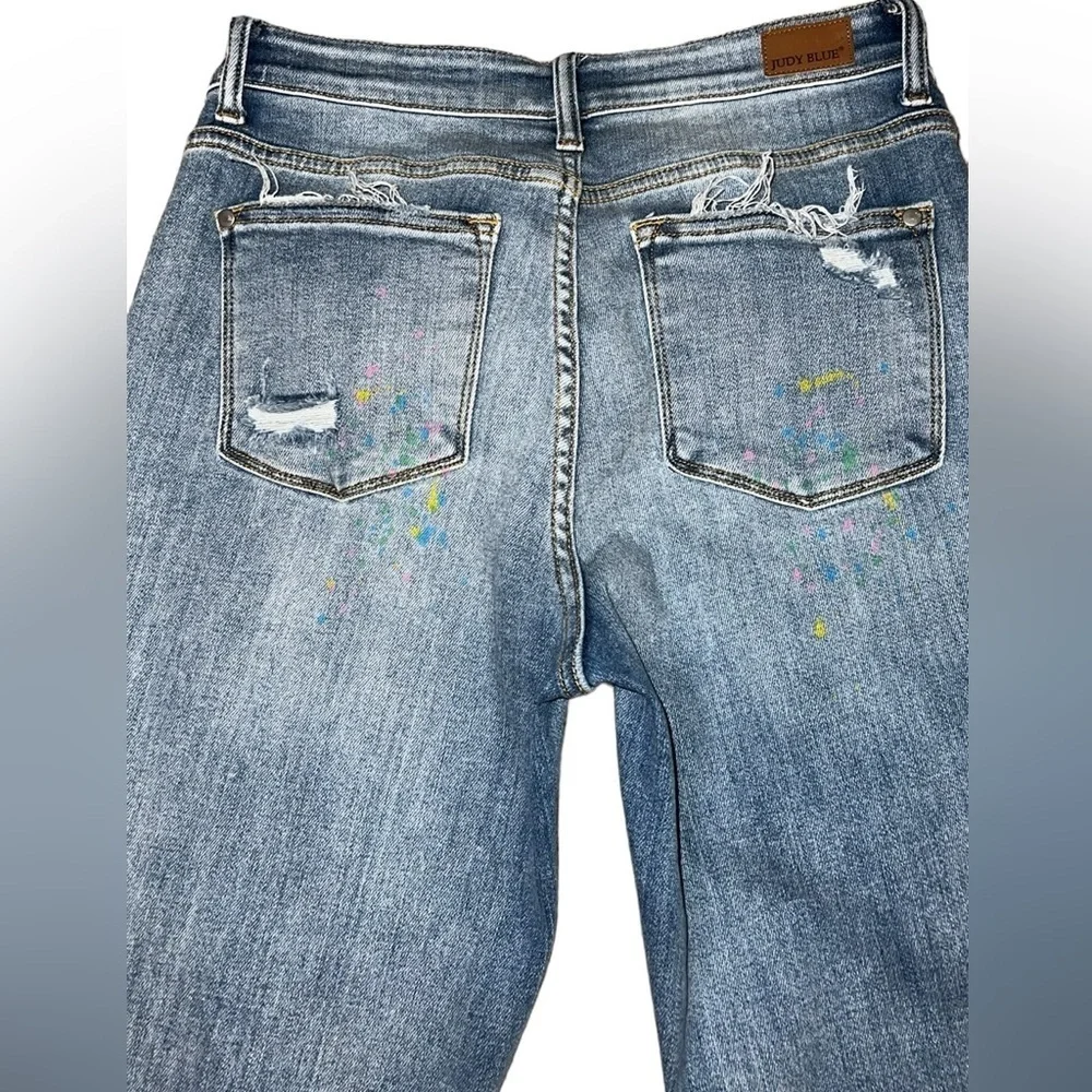 {EUC Judy Blue Christine Rainbow Paint Splatter Boyfriend Distressed Jeans 7/28}